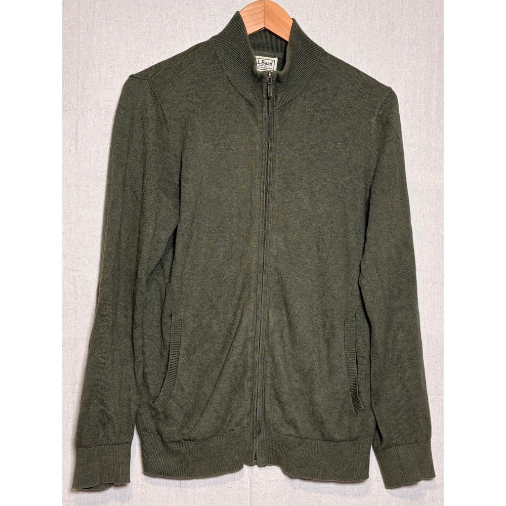 LL Bean Mens Cotton Cashmere Full Zip Cardigan Sweater Olive Green Small